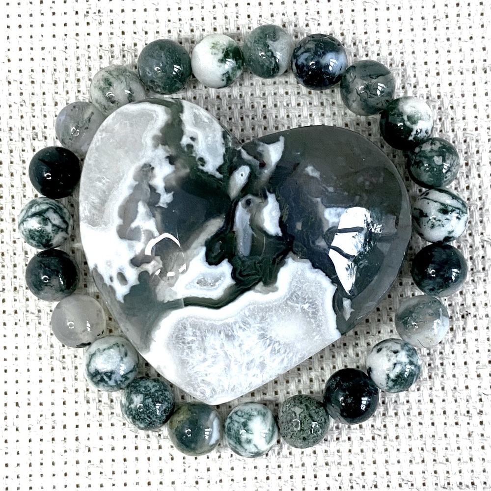 Moss Agate Gemstone Heart & Bracelet